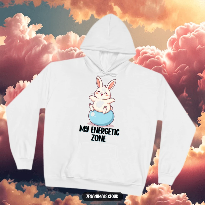 Funny plump bunny happily bouncing on a yoga ball, printed on a soft and funny hoodie.