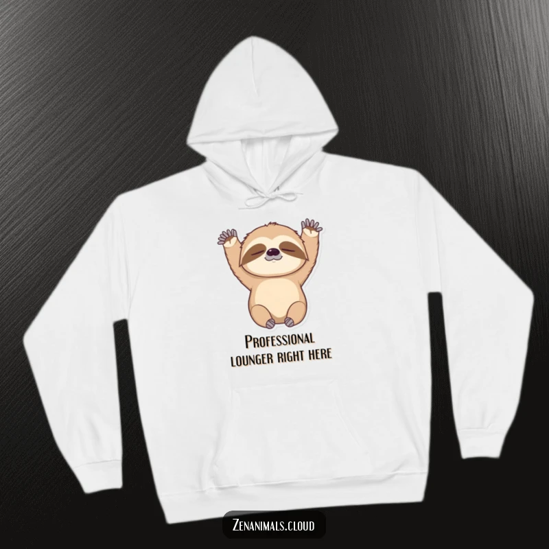 Funny hoodie depicting a sleepy sloth performing a slow, upward arm stretch, perfect for lounging and expressing a relaxed personality.