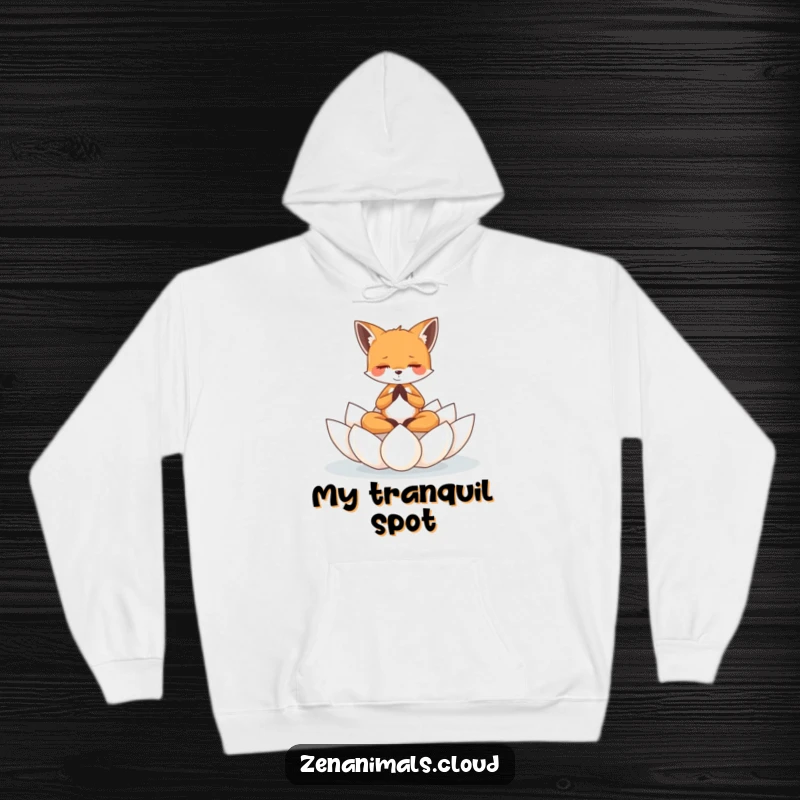 Funny tiny fox meditating peacefully on a floating lotus flower, printed on a comfortable and funny hoodie.