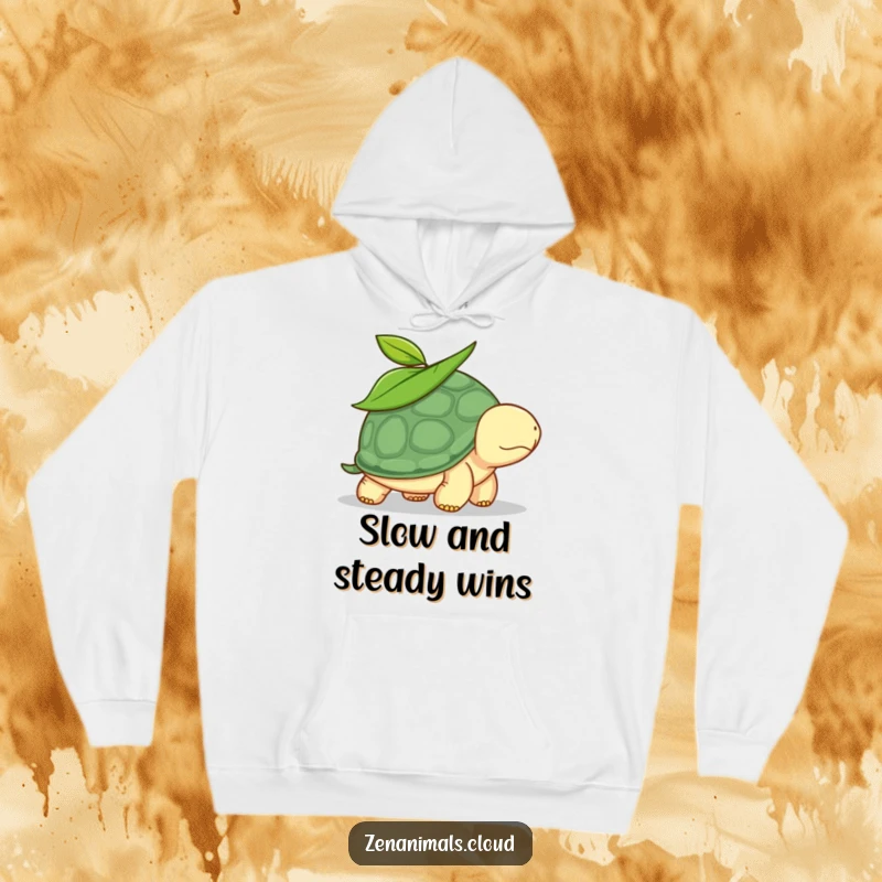 Funny turtle hoodie, representing calm and slow movement with a leaf on its head, designed for ultimate comfort and humor.