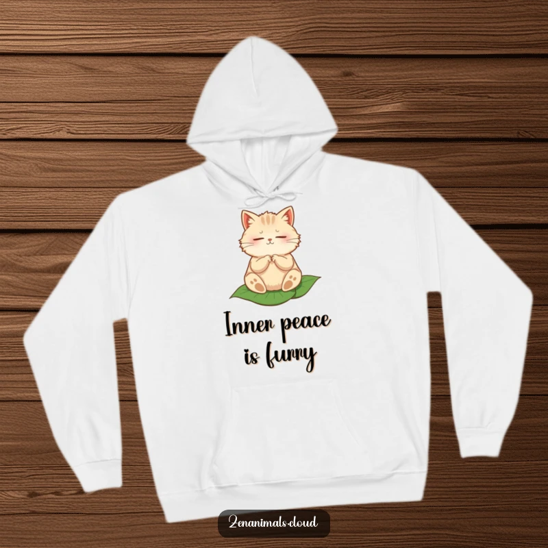 Funny hoodie depicting a round, fluffy cat in a peaceful meditation pose on a leaf, radiating calm.