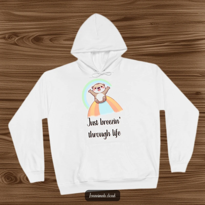 Funny Otter Hoodie: A joyful otter gleefully slides down a bright rainbow, arms outstretched in a moment of pure, ecstatic fun.