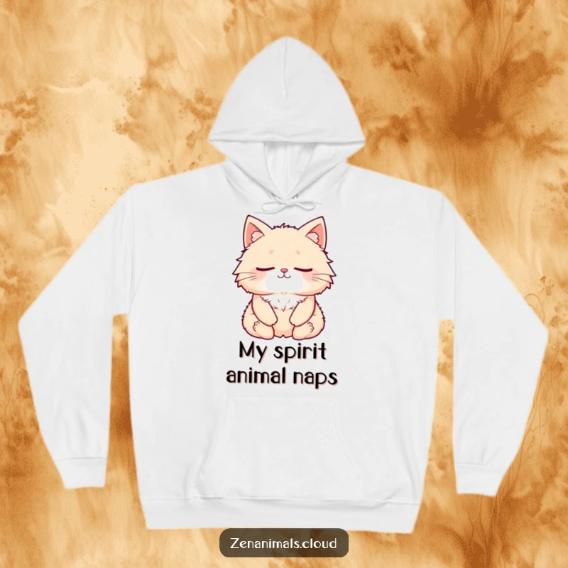 Funny Cat Hoodie: A fluffy cat meditating peacefully, eyes closed, with a subtle smile, perfect for cozy, humorous relaxation.