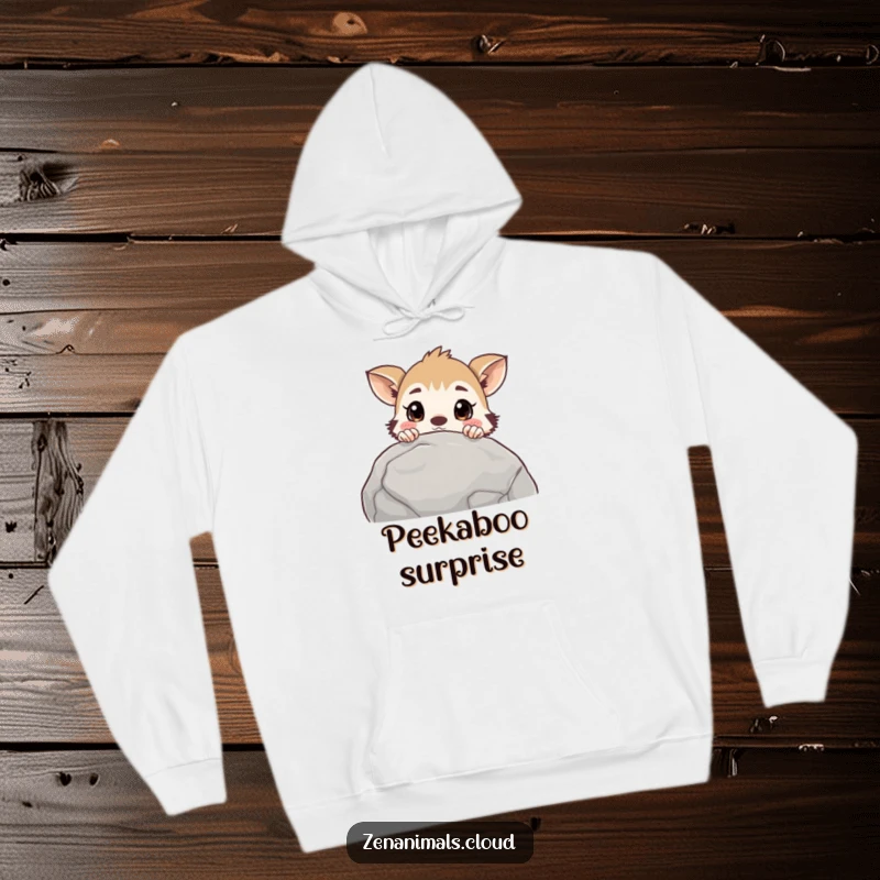 Funny curious animal hoodie showing a creature peeking over a rock with a surprised expression, designed for comfort and curiosity.