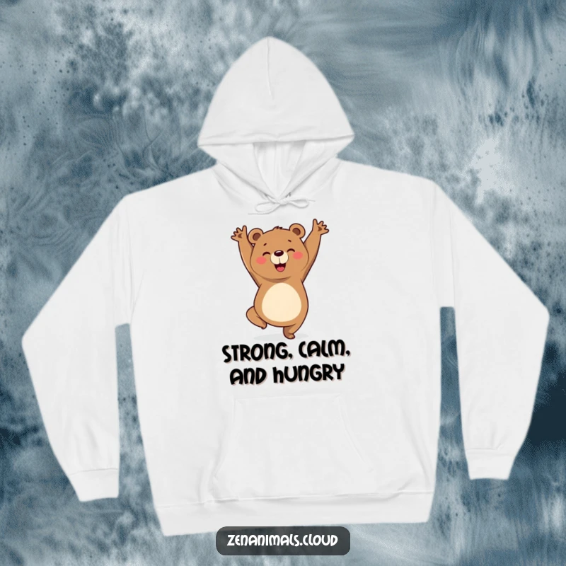 Funny hoodie with a cheerful bear striking a triumphant yoga pose, offering warmth and a reminder of inner strength and peace.