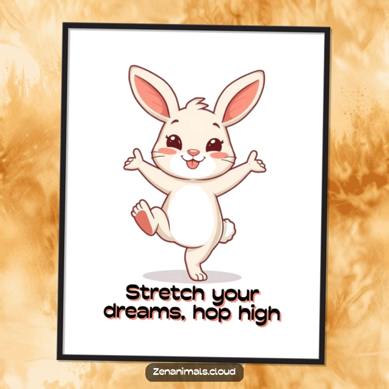 Funny Free Printable Wall Art featuring a cheerful bunny in a playful yoga pose with one leg extended. Downloadable whimsical art.