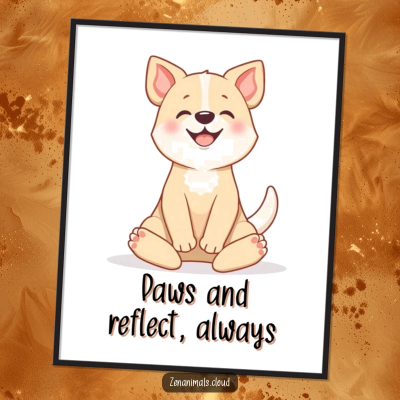 Funny free printable wall art featuring a dog happily wagging its tail in a serene lotus position, radiating humor and peace.