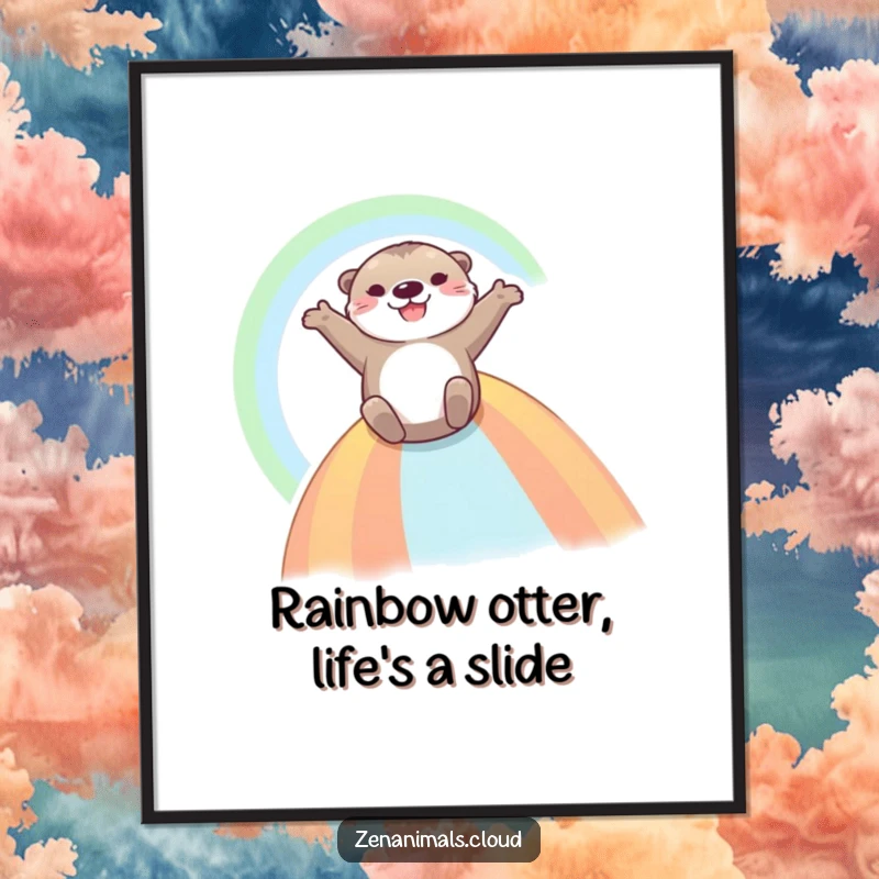 Funny Free Printable Wall Art: A small otter sliding down a rainbow with a joyful expression and outstretched arms.
