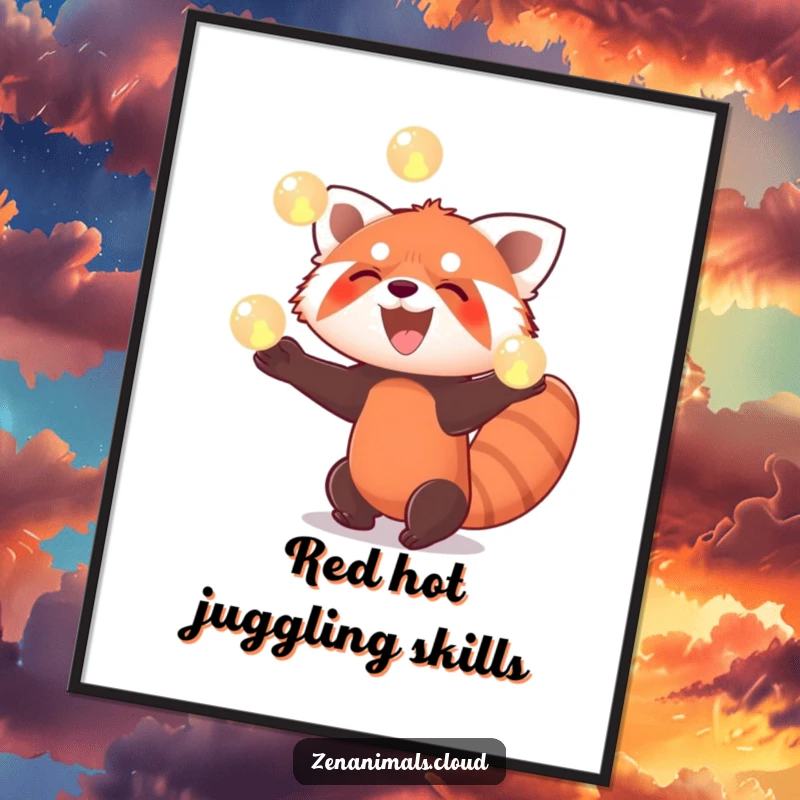 Funny Free Printable Wall Art: A red panda with a wide, joyful smile, skillfully juggling three luminous glowing orbs.