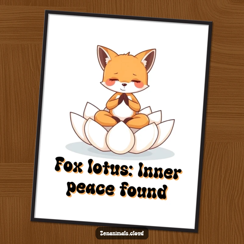 Funny Free Printable Wall Art: A tiny fox meditating peacefully on a floating lotus flower, offering calm and balance.