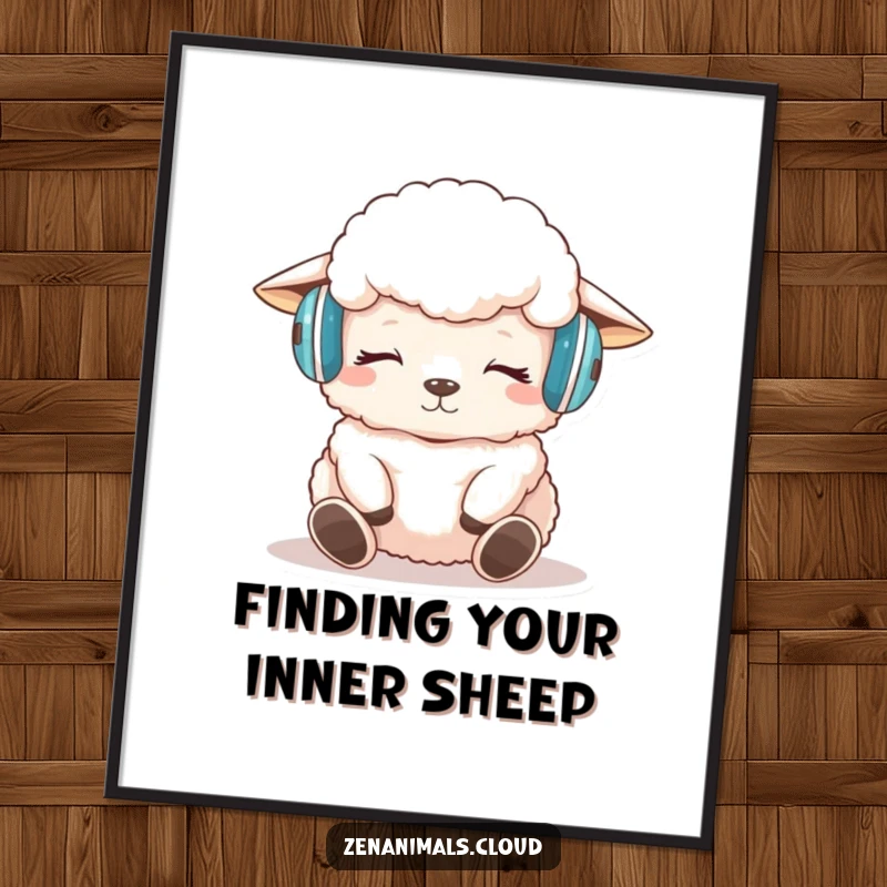 Funny Free Printable Wall Art: A fluffy sheep in headphones, meditating deeply with eyes closed, radiating peaceful, zen energy.