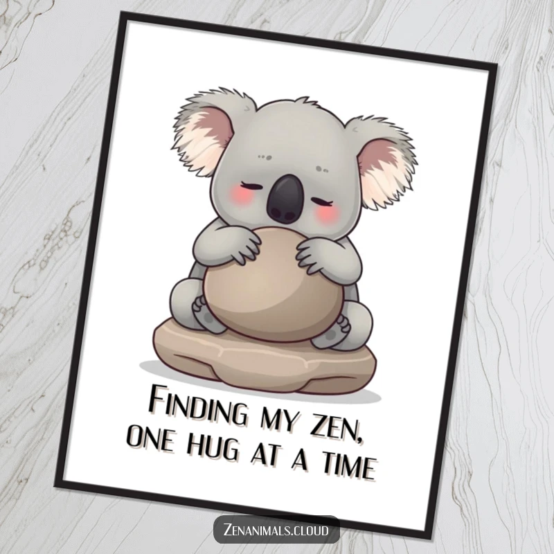 Funny free printable wall art of a serene koala hugging a meditation stone, radiating calm vibes. Zen downloadable decor for your home.