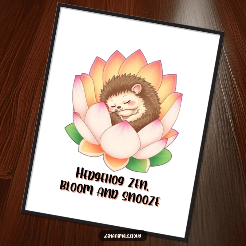 Funny Free Printable Wall Art: A sleepy hedgehog curled peacefully inside a blooming lotus flower, radiating serenity.