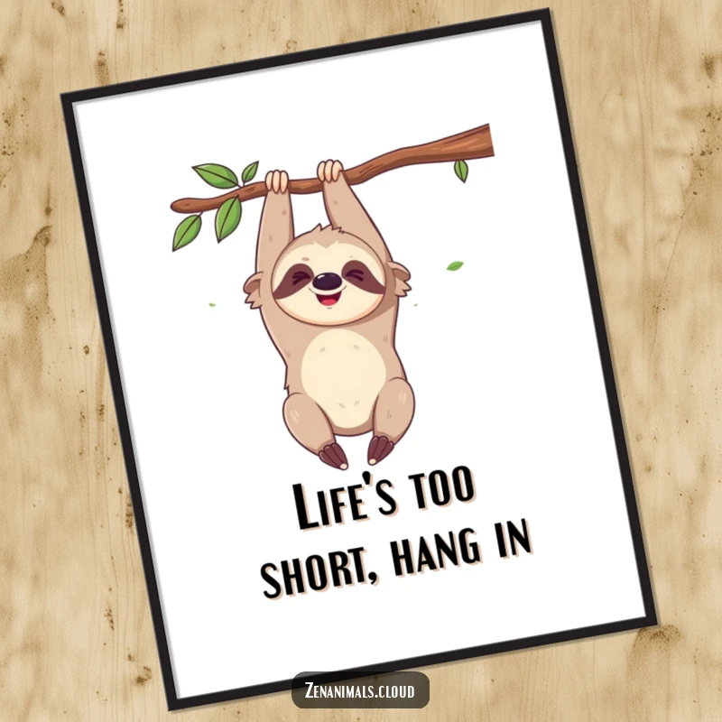 Funny free printable wall art featuring a giggling sloth hanging upside down from a branch, looking hilariously amused and relaxed.