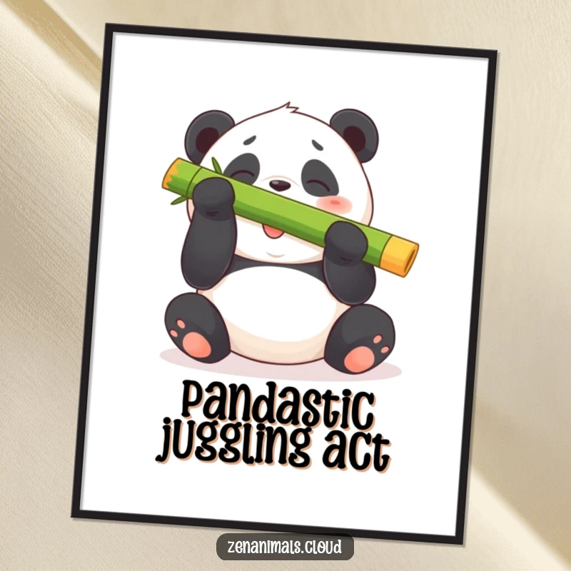 Funny Free Printable Wall Art: A plump panda bear with a wide giggle, precariously balancing a huge bamboo shoot on its nose.
