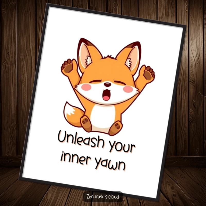 Funny Free Printable Wall Art of a sleepy fox yawning widely and stretching upwards. Downloadable cozy decor.