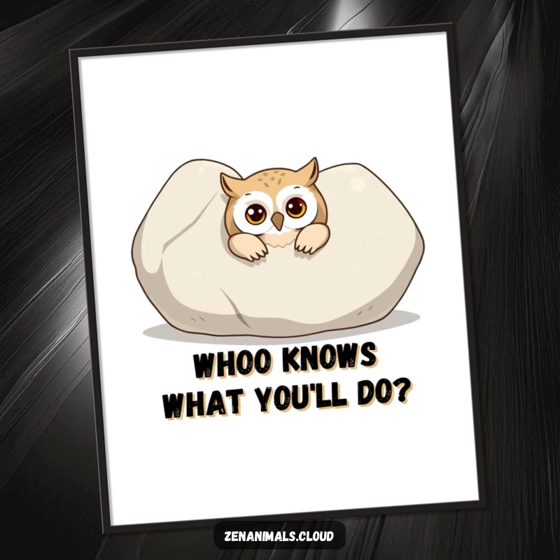 Funny Free Printable Wall Art of a curious owl peeking from behind a large, smooth stone. Downloadable whimsical art.