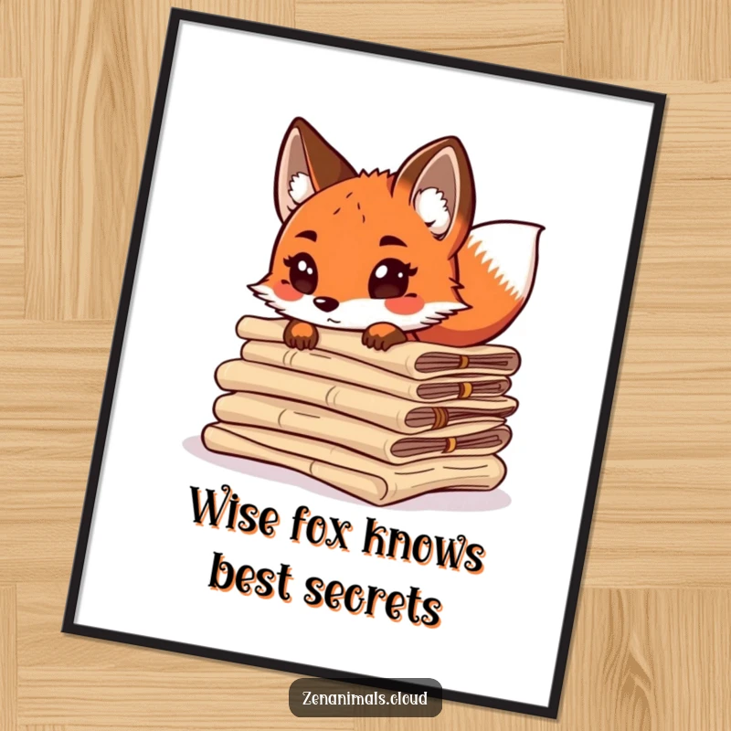 Funny Free Printable Wall Art: Curious fox with wagging tail peeking from a pile of ancient scrolls.
