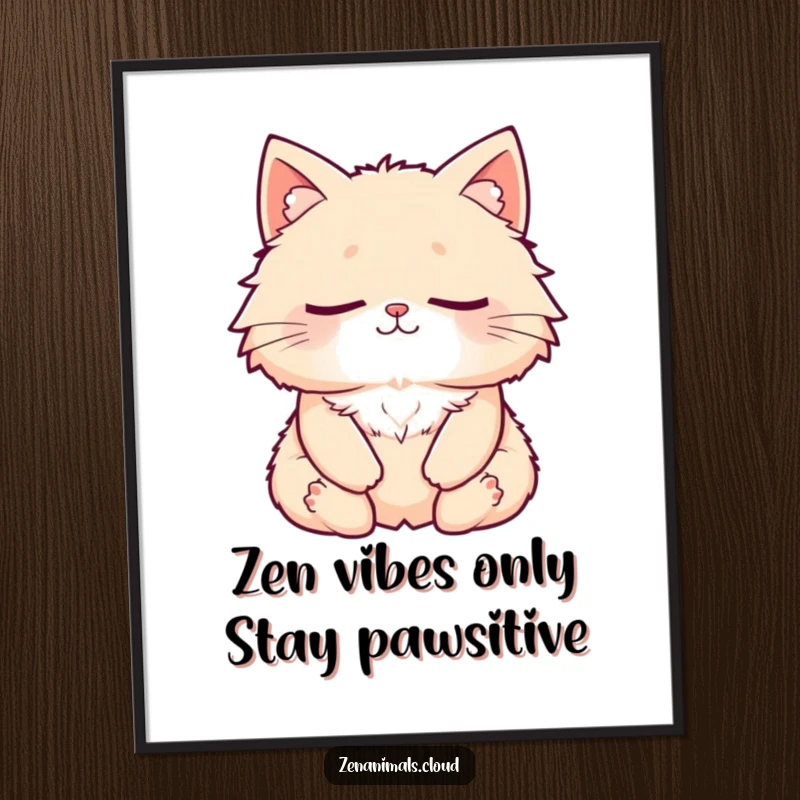 Funny Free Printable Wall Art of a fluffy cat meditating with closed eyes and a peaceful smile. Downloadable zen decor.