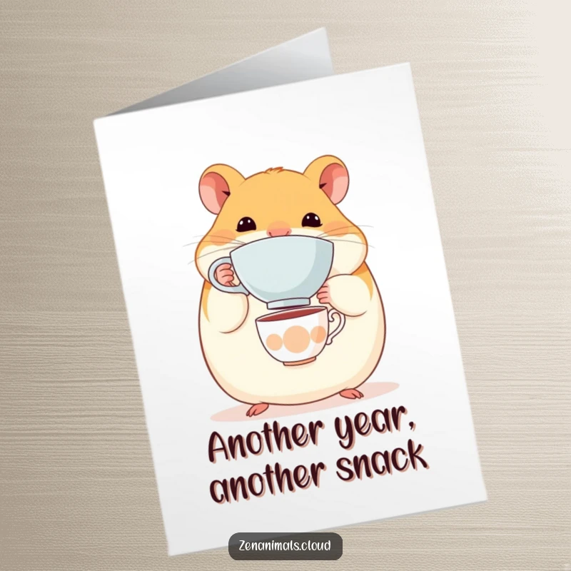 Funny Free Printable Birthday Card featuring a round, content hamster expertly balancing a tiny teacup on its nose. Cute downloadable.