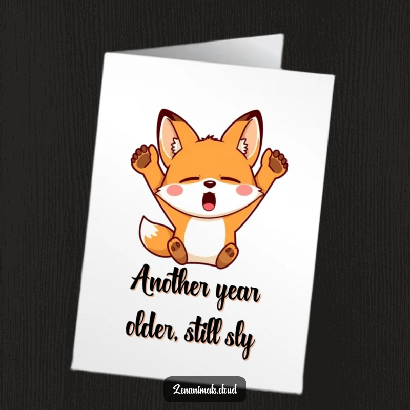Funny Free Printable Birthday Card featuring a sleepy fox yawning widely and stretching its arms luxuriously. Cozy downloadable humor.