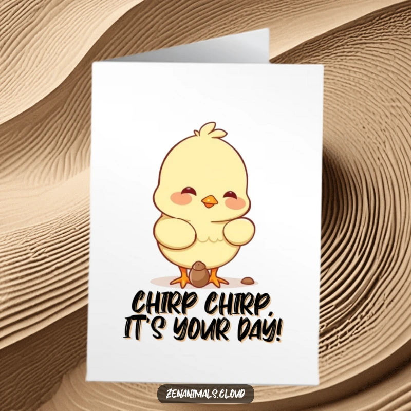 Funny Free Printable Birthday Card: Contented chick gently pecking a tiny seed, smiling softly, a symbol of small joys.