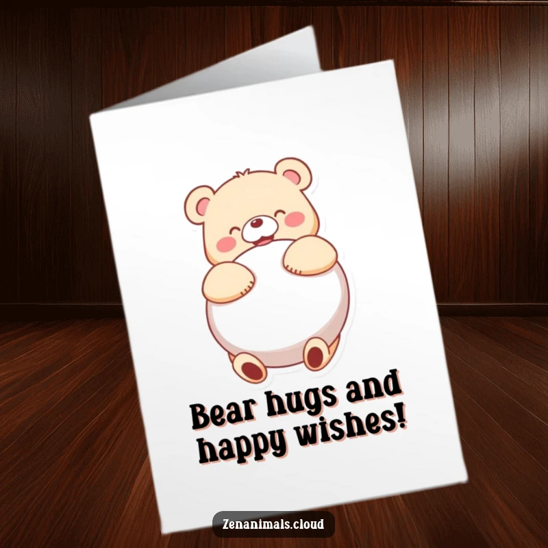 Funny Free Printable Birthday Card: Joyful bear embracing a large cushion with delight, offering a warm, funny birthday hug.