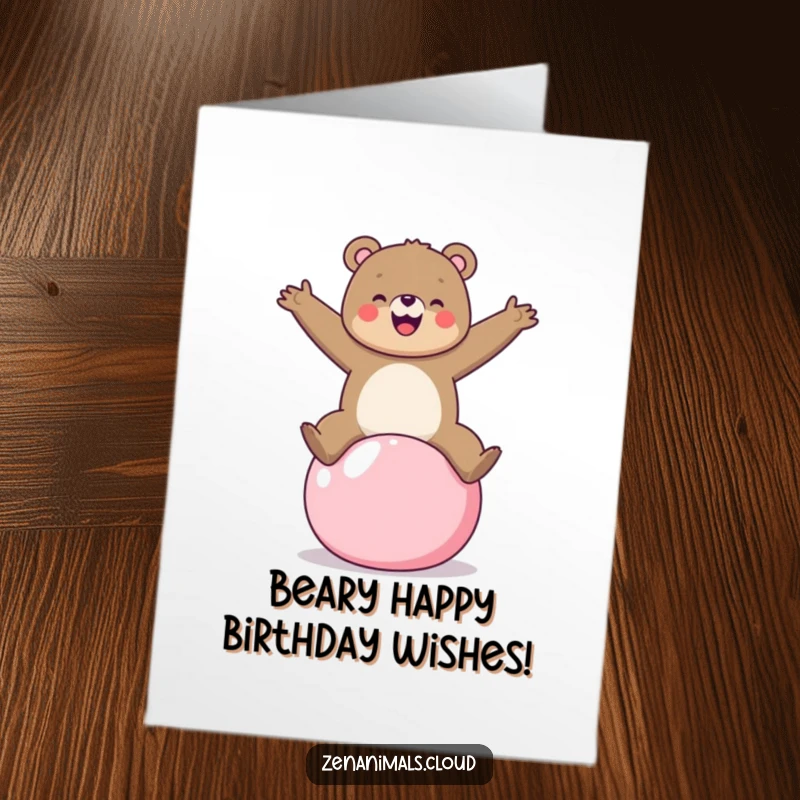 Funny Free Printable Birthday Card of a cheerful bear balancing on a yoga ball with arms stretched wide.