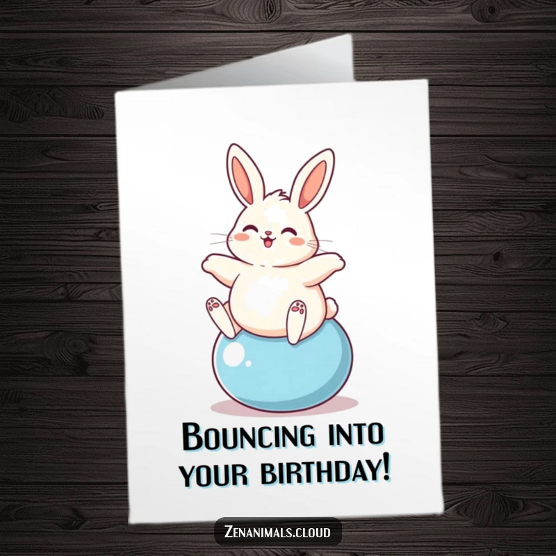 Funny Free Printable Birthday Card: A plump bunny cheerfully bouncing high on a yoga ball, full of birthday energy.