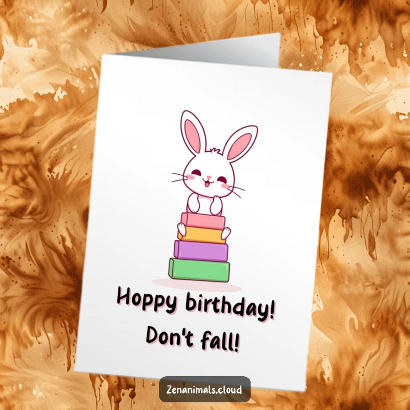Funny Free Printable Birthday Card: A cheerful bunny wobbling while balancing colorful yoga blocks precariously.