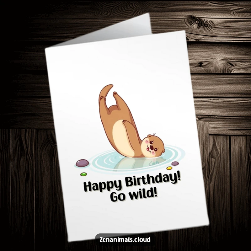 Funny Free Printable Happy Birthday card, showing a joyful otter doing a somersault in a serene pond, perfect for a birthday wish.