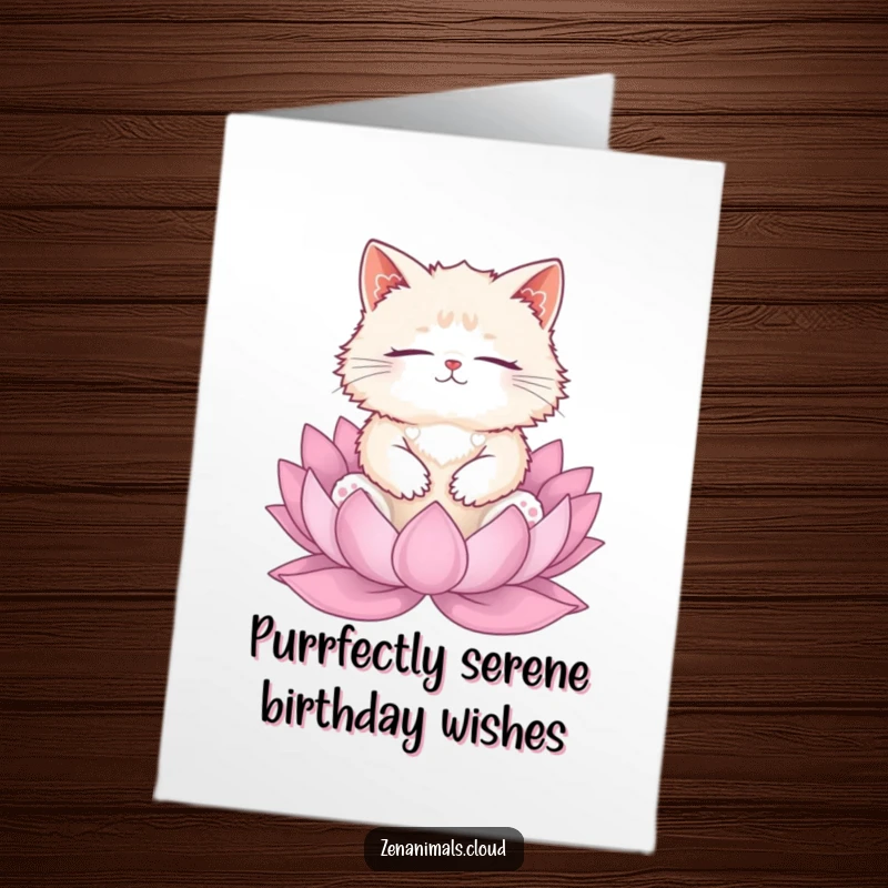 Funny Free Printable Birthday Card: A fluffy cat meditating peacefully with eyes closed on a pink lotus flower.