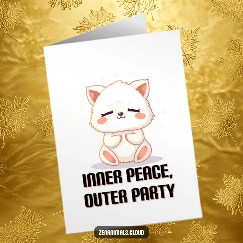 Funny Free Printable Birthday Card featuring a tiny fluffy animal meditating peacefully with closed eyes in glowing light.