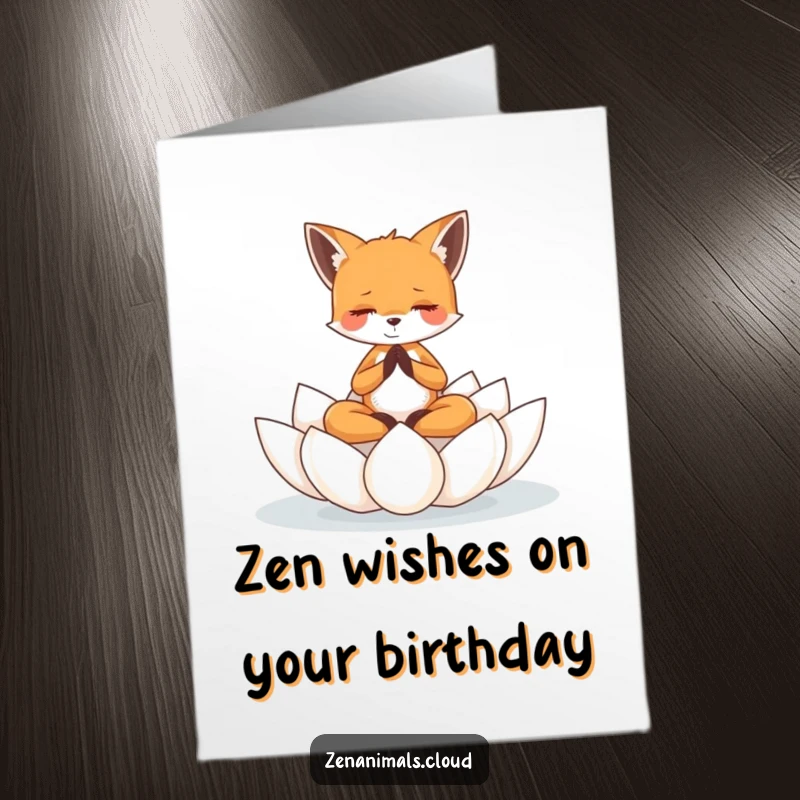 Funny Free Printable Birthday Card: A tiny fox meditating serenely on a floating lotus flower, radiating peace.