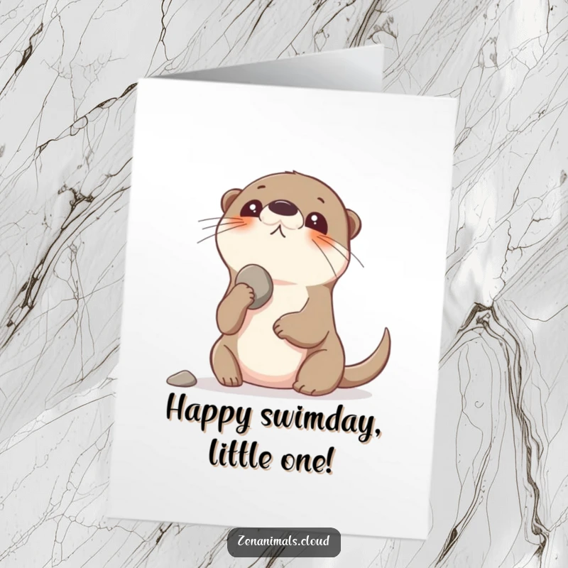 Funny Free Printable Birthday Card: Playful otter balances pebble on nose looking up, a cute and skillful birthday wish.
