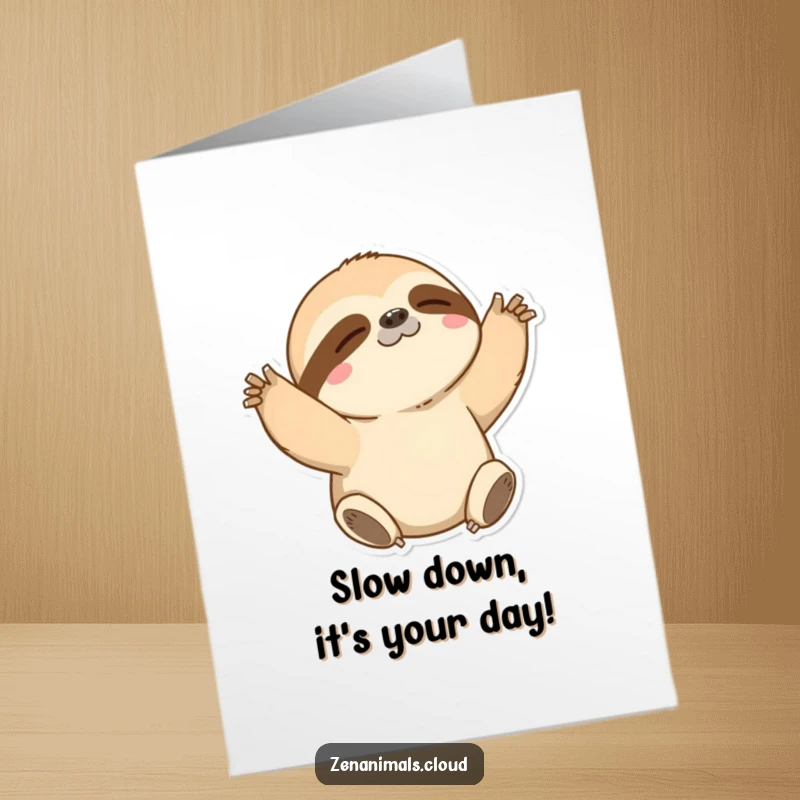 Funny Free Printable Birthday Card: A content sloth stretching its arms slowly, wishing a happy birthday.