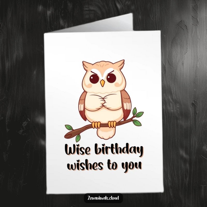 Funny Free Printable Birthday Card: A serene owl with arms crossed, perched on a branch in deep thought.