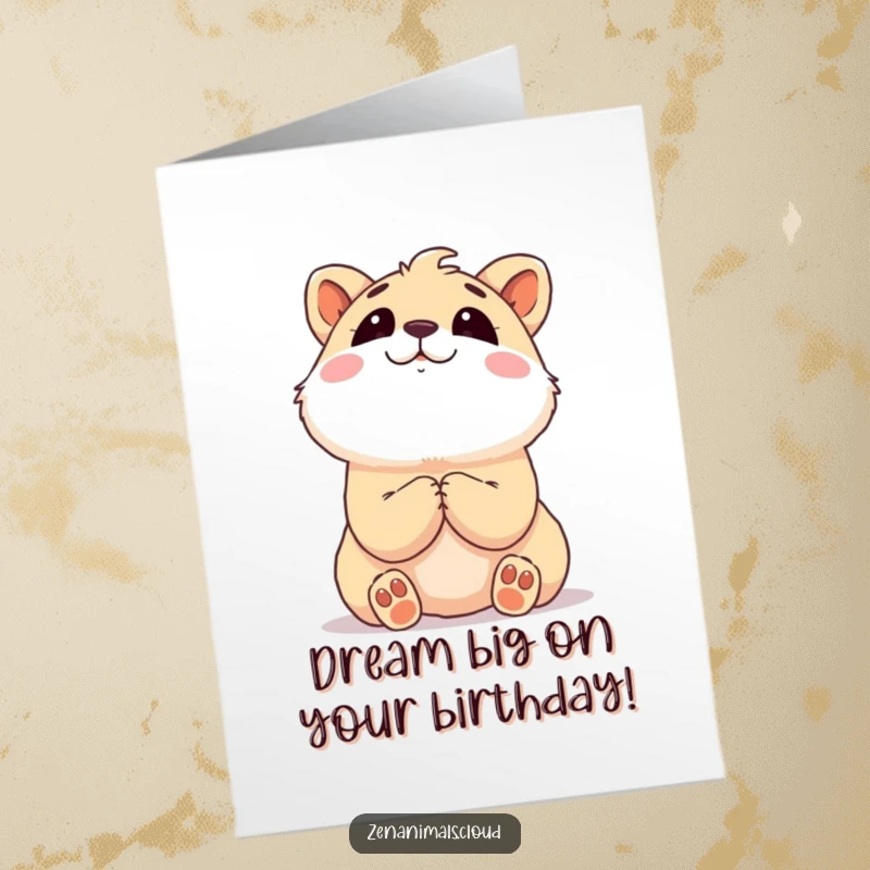 Free printable birthday card showing a content animal with clasped paws, looking upwards dreamily, sending happy birthday wishes.