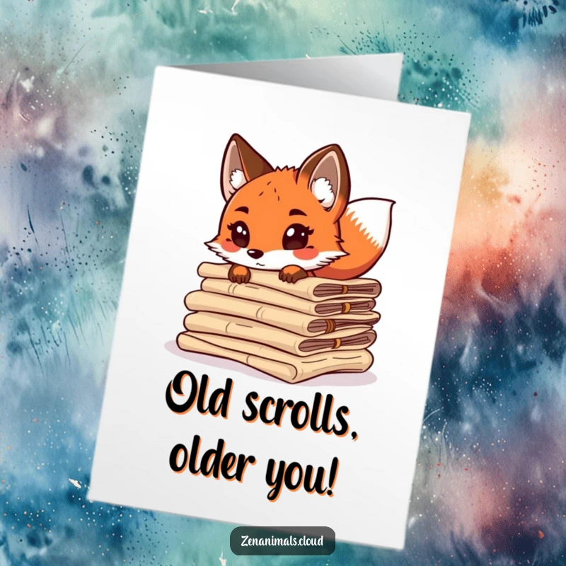Funny Free Printable Birthday Card: Curious fox in spectacles peeking from scrolls, tail wagging, ready to party.