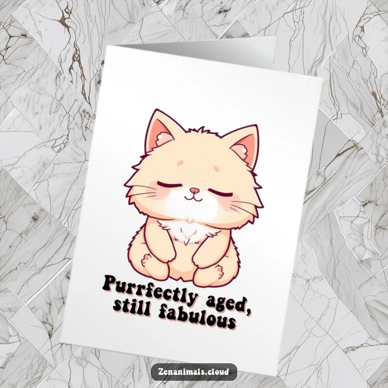 Funny Free Printable Birthday Card featuring a fluffy cat meditating peacefully with a subtle, happy smile. Instant downloadable humor.
