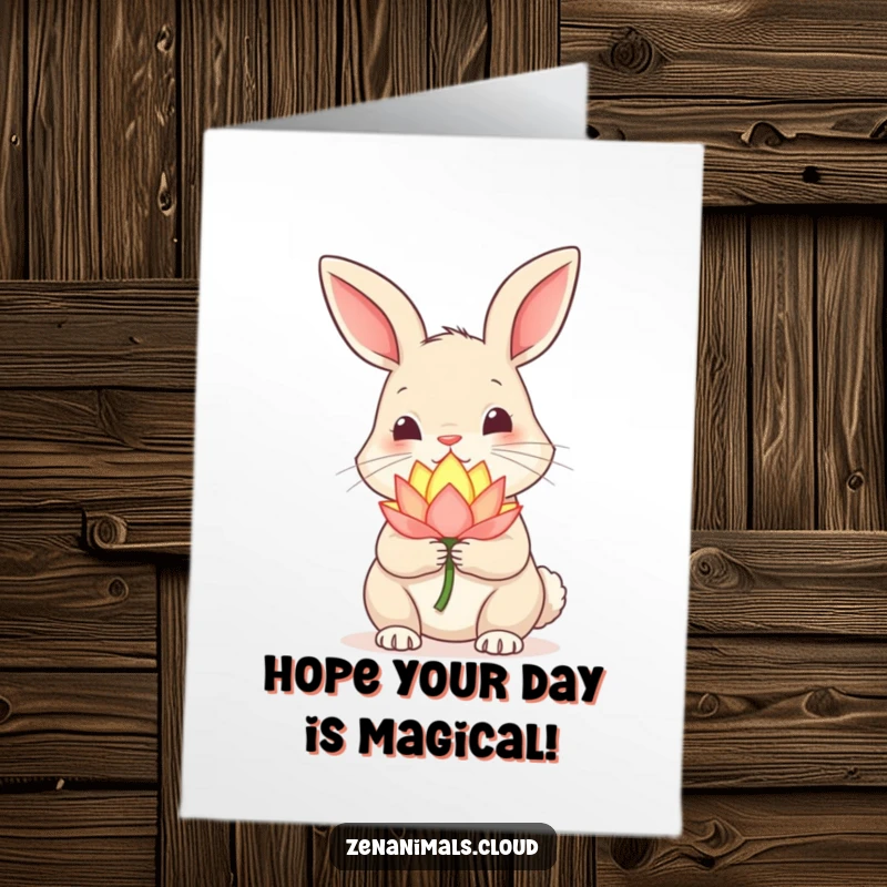 Funny free printable birthday card featuring a curious rabbit gently holding a small, softly glowing lotus flower.