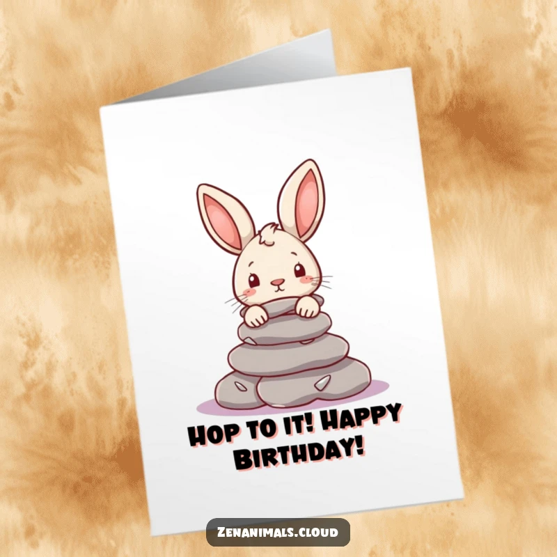 Funny Free Printable Happy Birthday card, showing a cute rabbit peeking curiously from behind smooth river stones, ready to deliver a laugh.