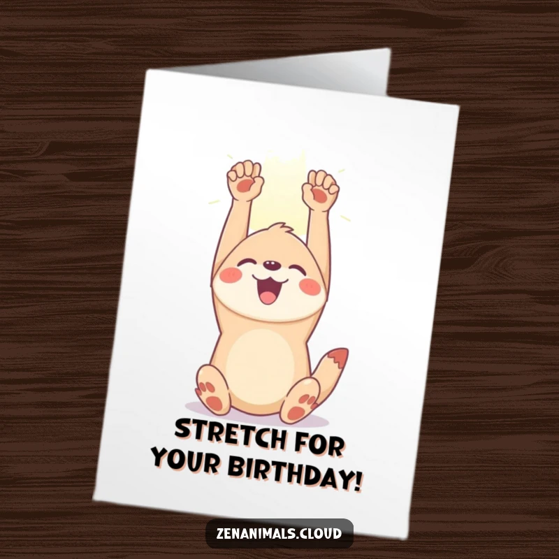 Funny Free Printable Birthday Card: a joyful animal stretching its limbs upwards towards a warm sunbeam, radiating happiness and good vibes.
