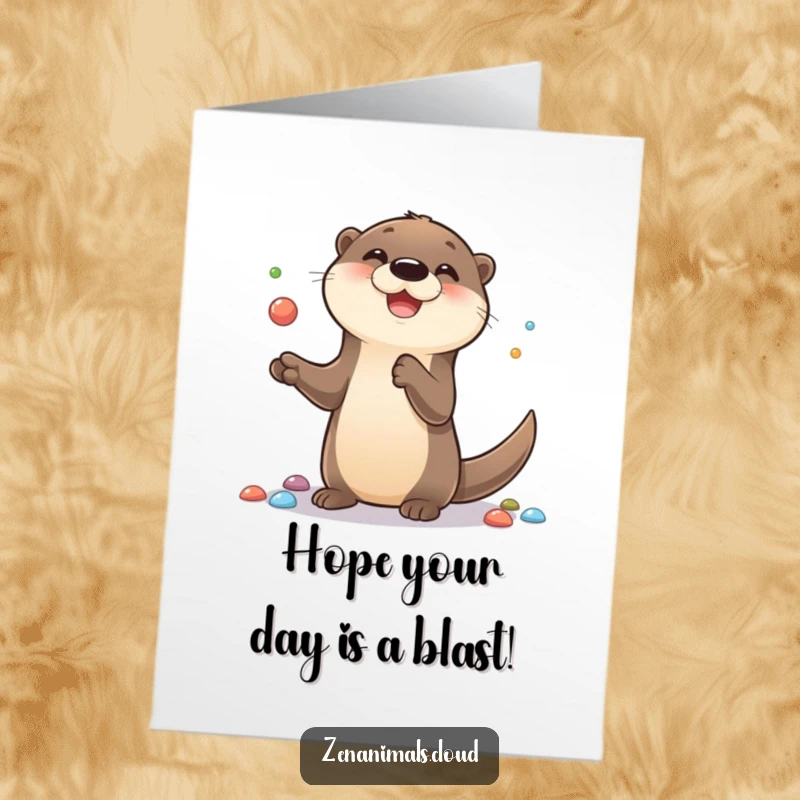 Funny Free Printable Otter Birthday Card: A cute otter joyfully juggling colorful pebbles, wishing a happy birthday with a big smile.