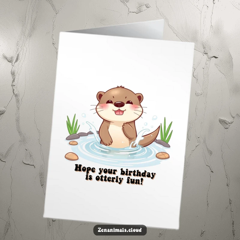 Funny Free Printable Birthday Card: Playful otter joyfully splashing water in a serene pond, celebrating.