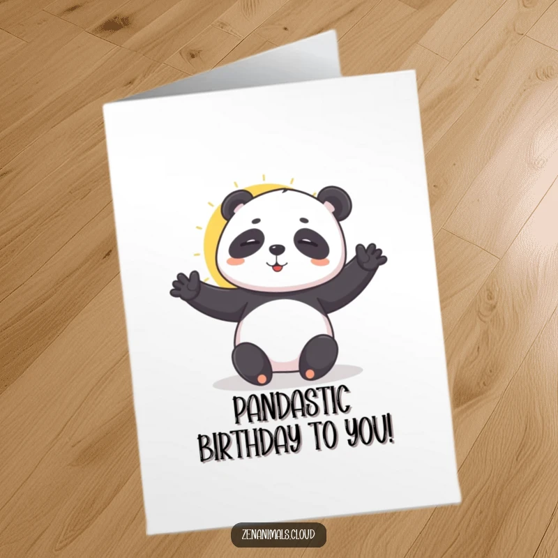 Funny Free Printable Birthday Card featuring a playful panda performing a gentle sun salutation yoga pose.