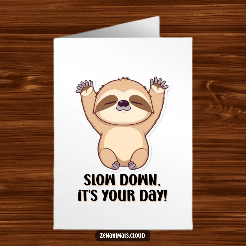 Funny Free Printable Sloth Birthday Card: A sleepy sloth slowly stretching its arms up, wishing a happy birthday with a yawn.