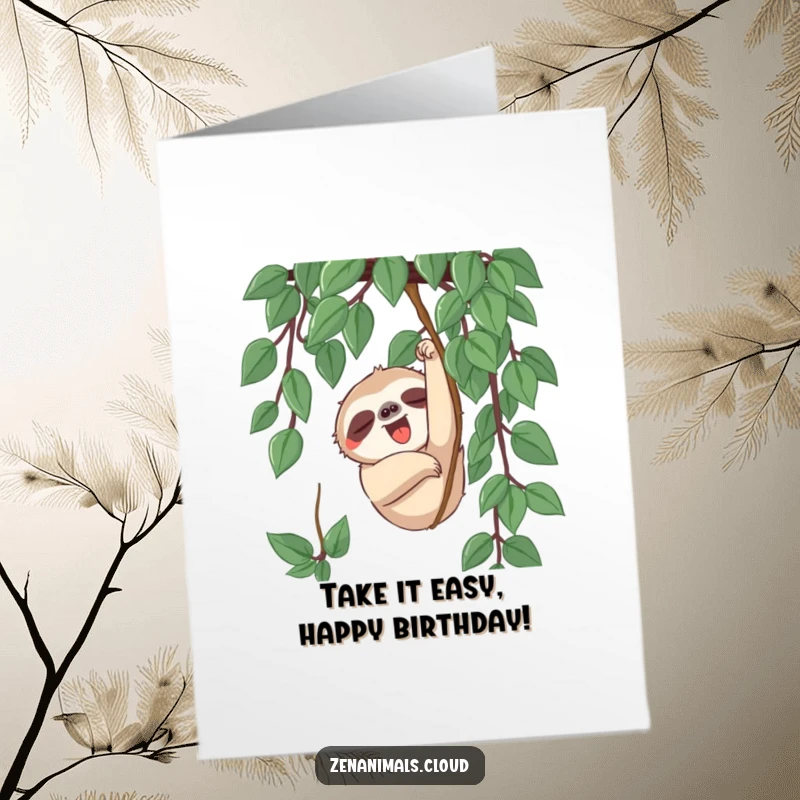 Funny Free Printable Birthday Card: Sleepy sloth slowly reaching for a vine with a yawn, wishing a relaxed happy birthday.