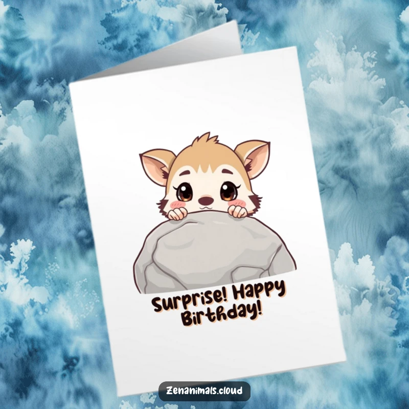 Funny Free Printable Birthday Card: a curious animal peeking over a rock with a wide-eyed, surprised expression, ready to shout surprise!