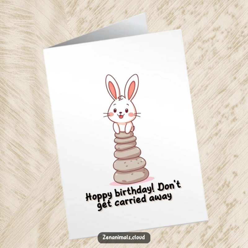 Funny free printable birthday card showing a cheerful bunny balancing a tall stack of pebbles, ready for celebration.